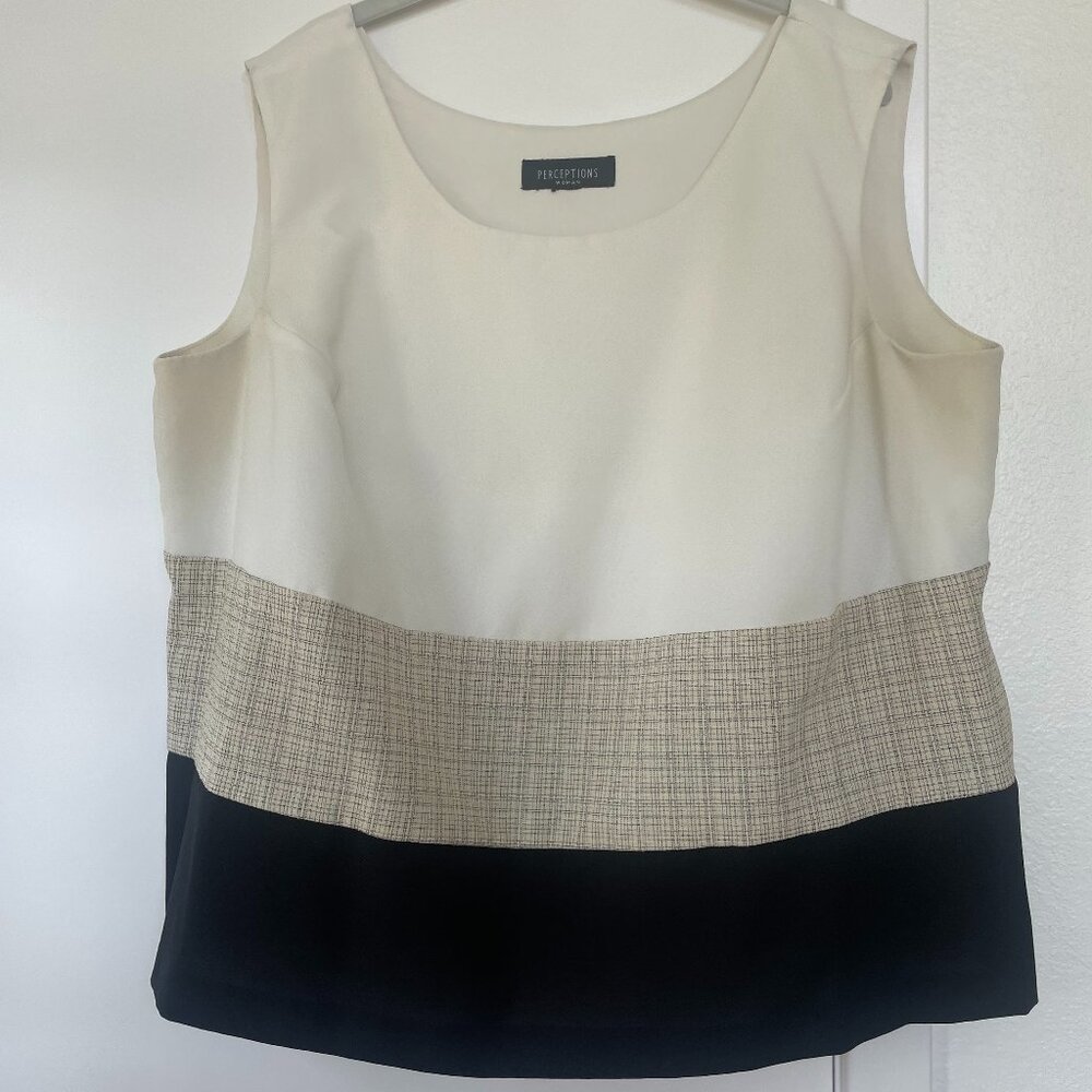 Perceptions Sleeveless Colorblock Blouse in Cream, Beige, Black, Side Zipper 22W